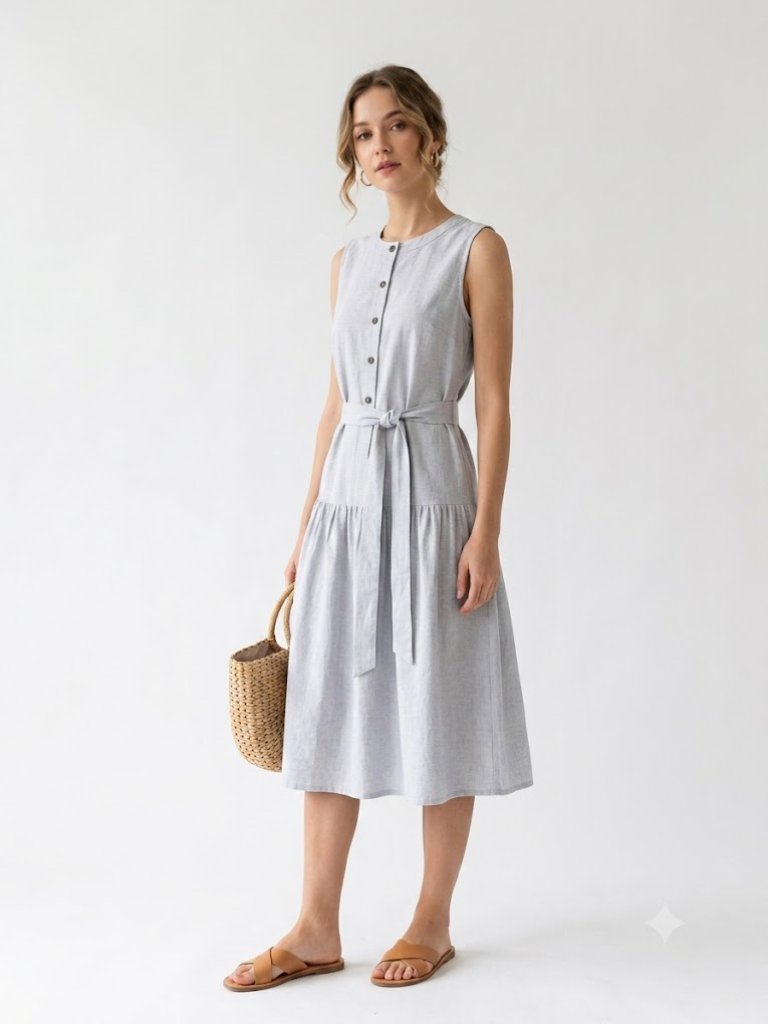 Alex Marie Blue & White Pinstripe Drop Waist Midi Dress | Size 4
